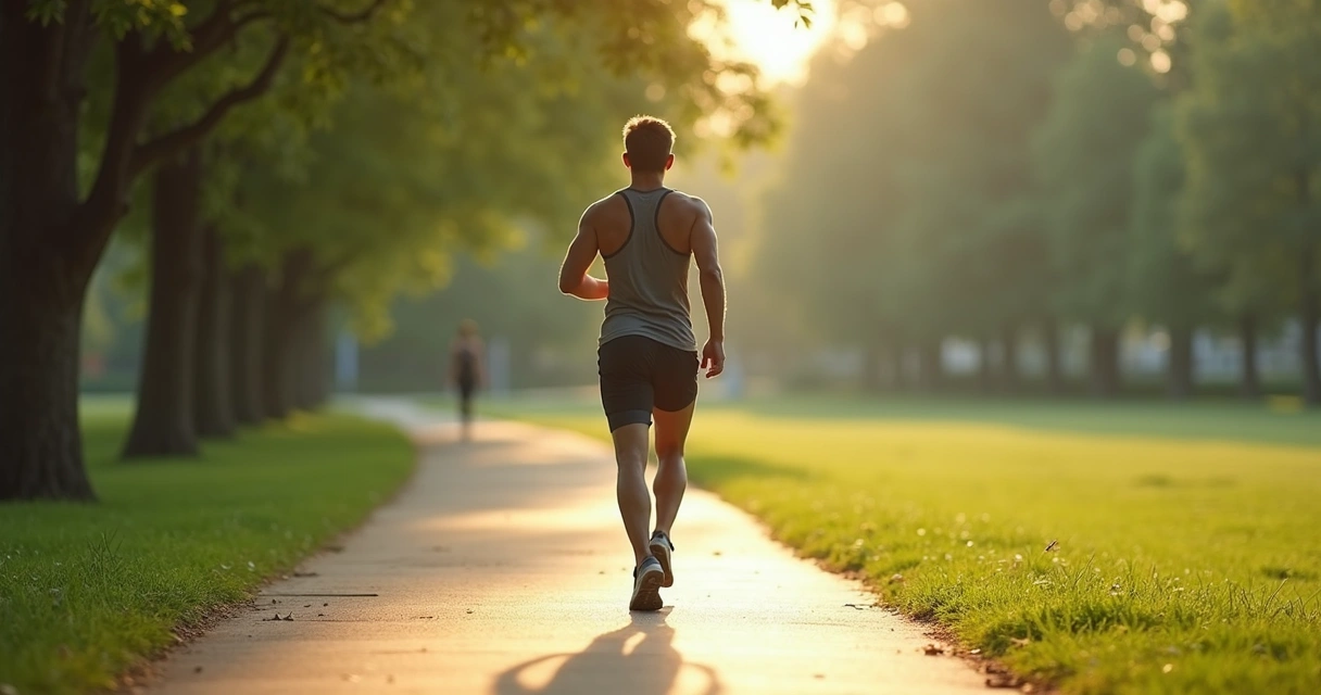 Persona caminando con respiración rítmica en un parque 