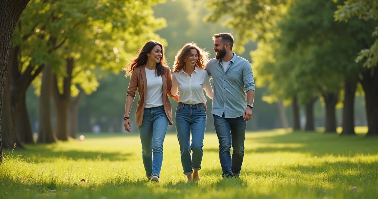 Tres personas caminando juntas y conversando en un parque verde
