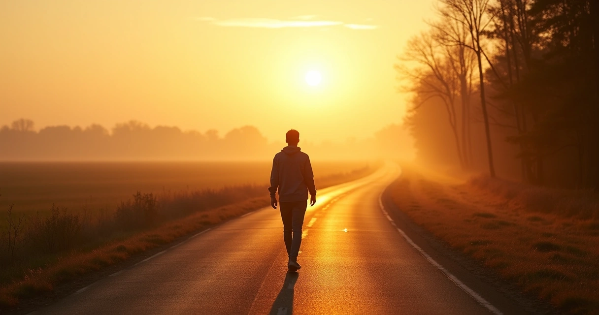 Pessoa caminhando sozinha em estrada ao amanhecer