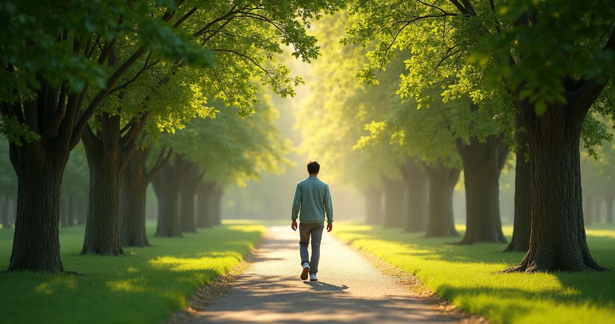 Pessoa caminhando em ambiente arborizado e sereno 