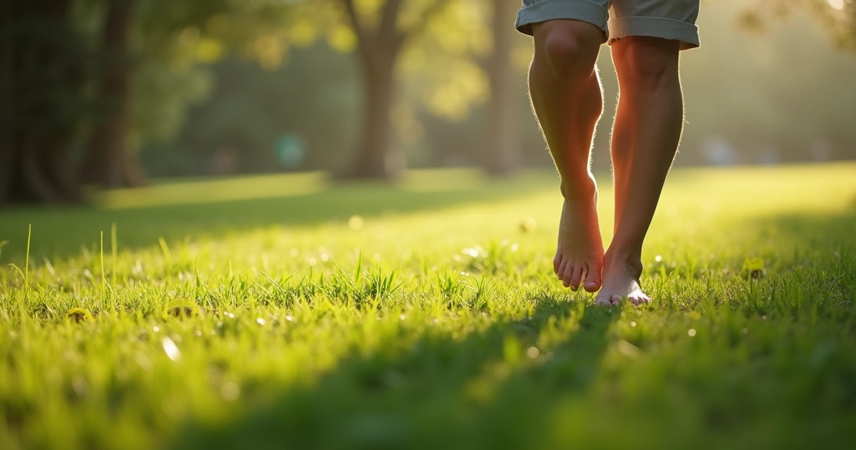 Pessoa andando descalça na grama, foco nos pés 