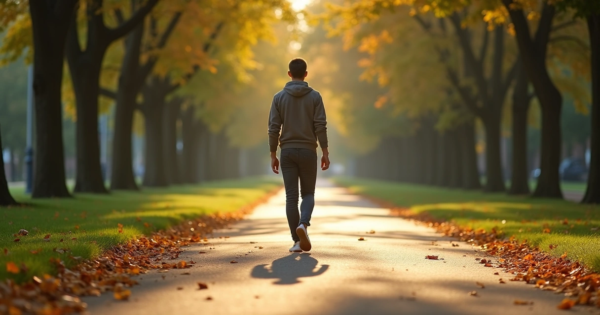 Pessoa caminhando sozinha em parque com atenção plena 