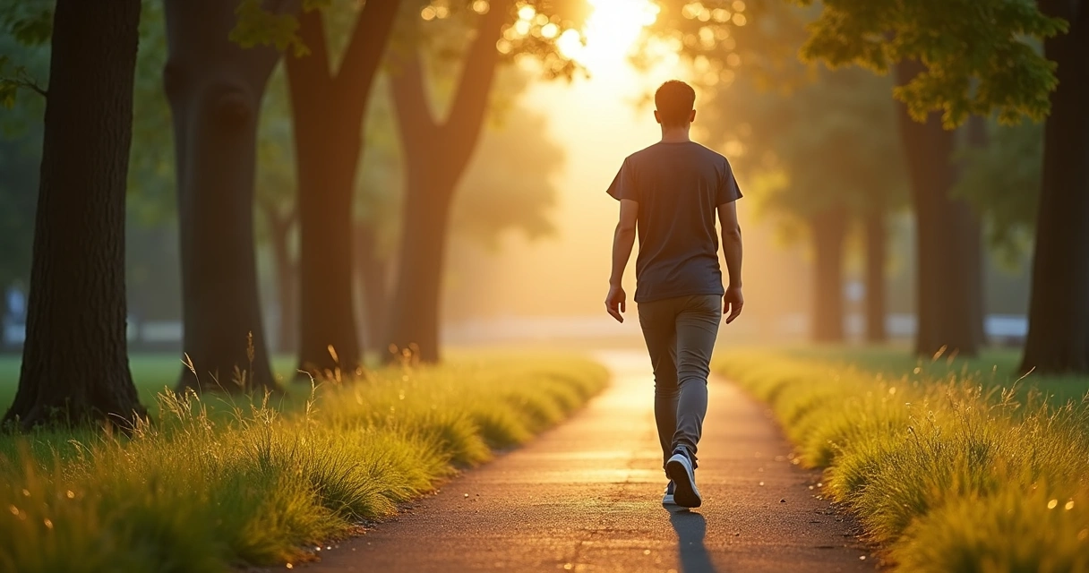 Pessoa caminhando com atenção em parque ao amanhecer 