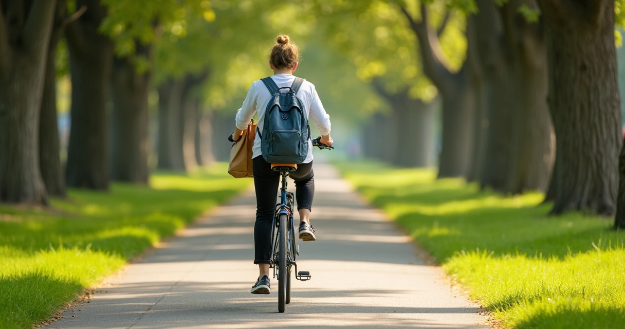 Pessoa andando de bicicleta em uma trilha verde arborizada 