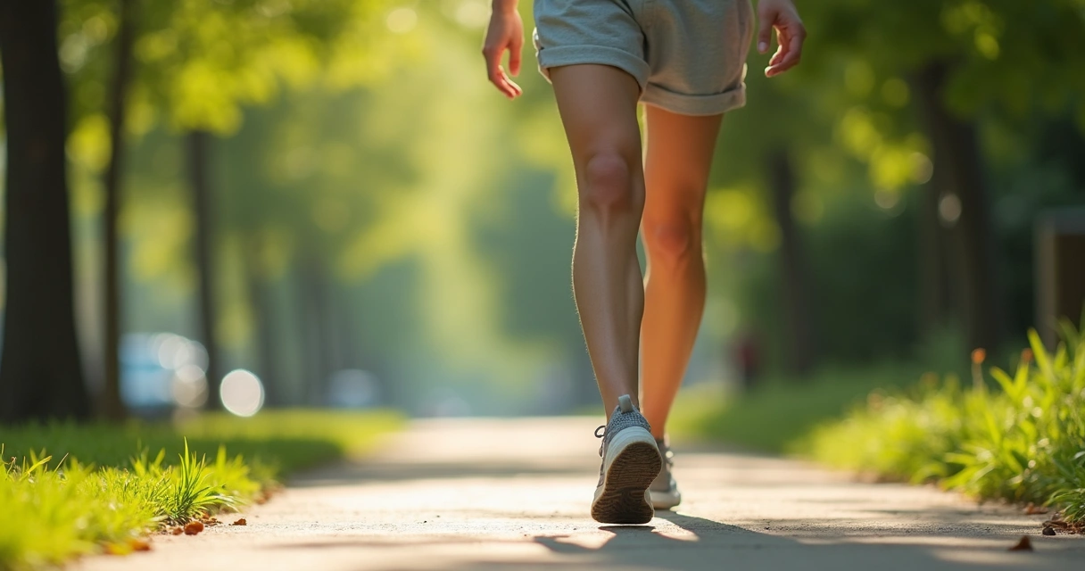 Pessoa caminhando em calçada arborizada em dia de verão 