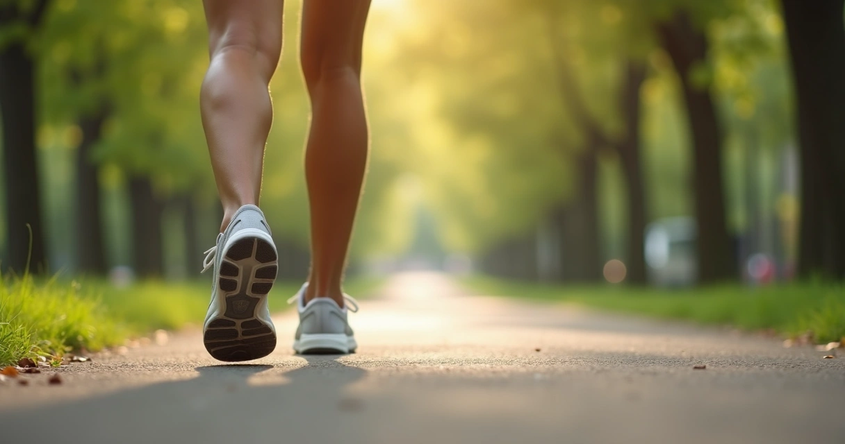Pessoa caminhando em parque com foco nas pernas em movimento 