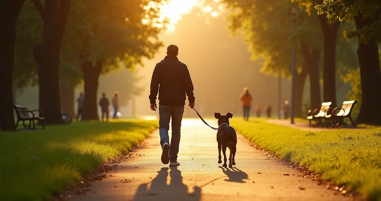 Pessoa caminhando com cachorro em parque ao amanhecer 