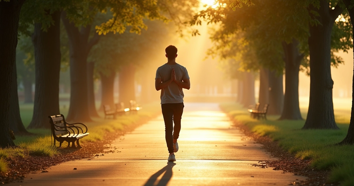 Pessoa caminhando em parque ao amanhecer com atenção à respiração 