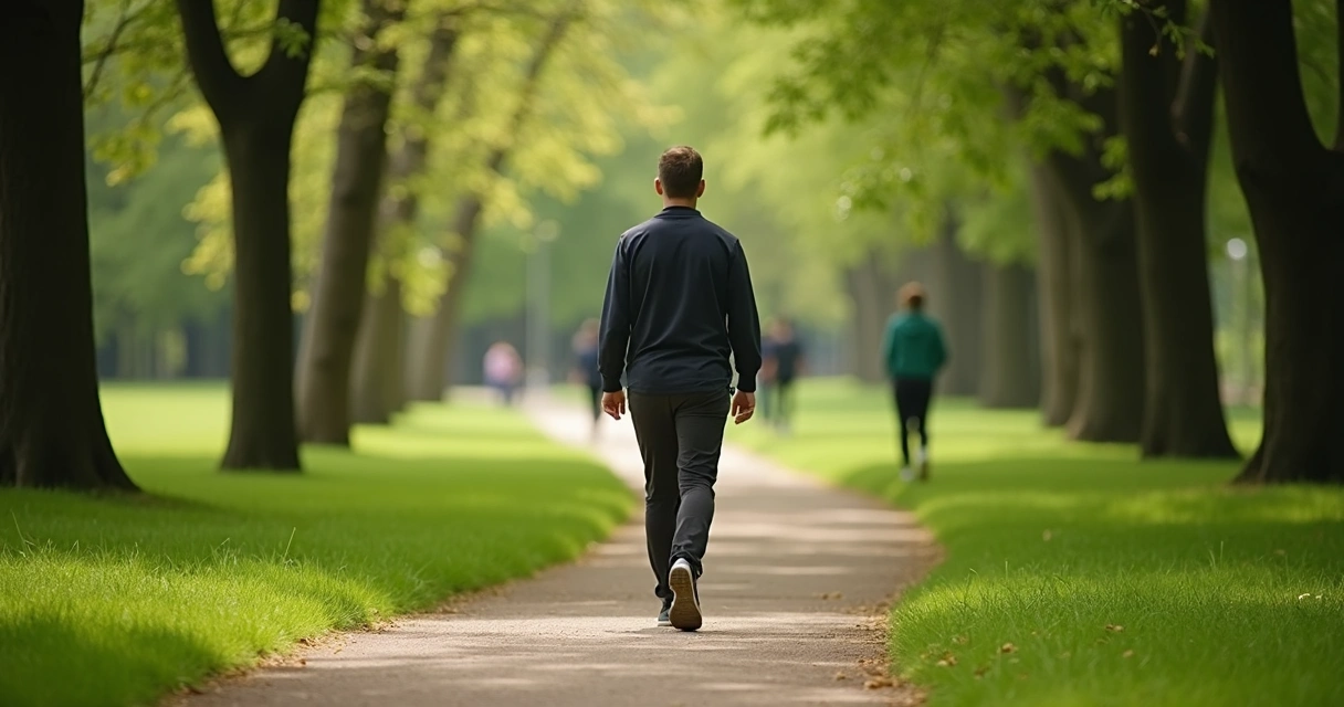 Pessoa caminhando lentamente em ambiente natural, focada nos próprios passos 