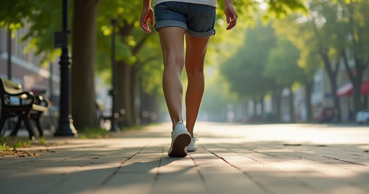 Pessoa caminhando com atenção em calçada arborizada 