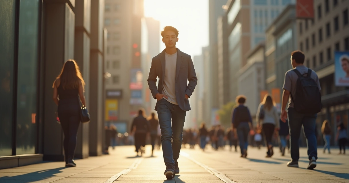 Pessoa caminhando atenta em uma calçada movimentada de cidade grande