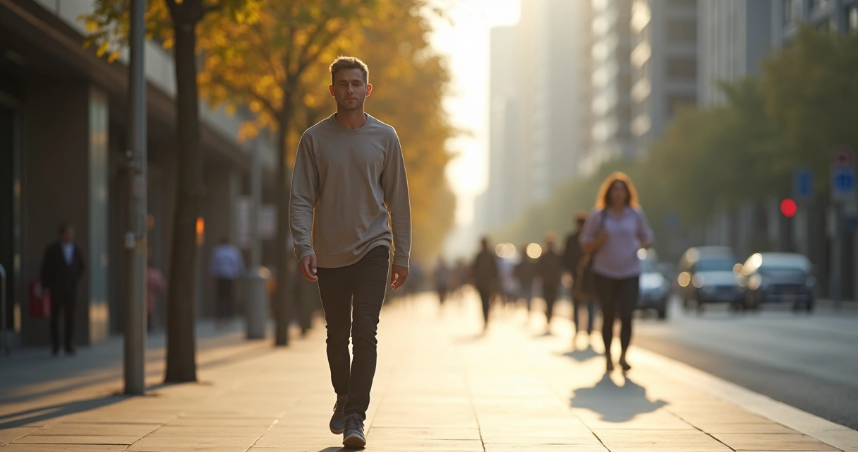 Pessoa caminhando com atenção em calçada urbana
