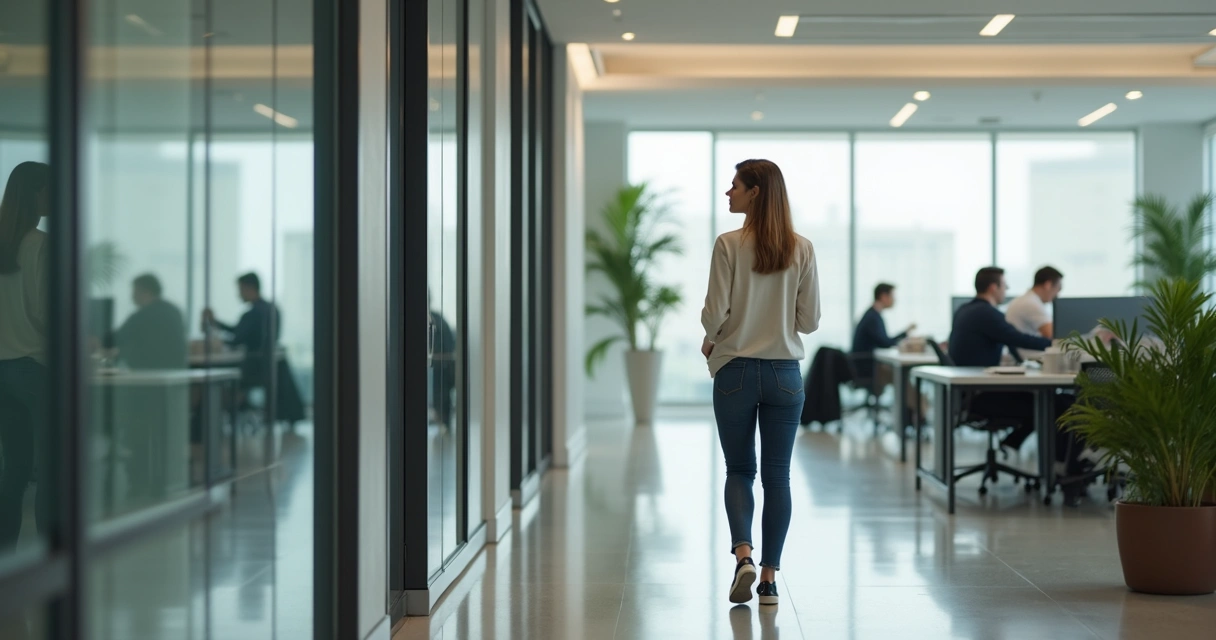 Profissional caminhando com atenção plena em corredor de escritório 