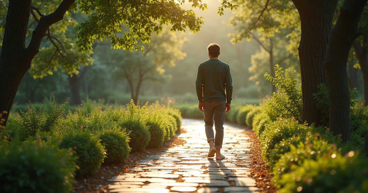 Pessoa caminhando lentamente em um jardim durante prática meditativa