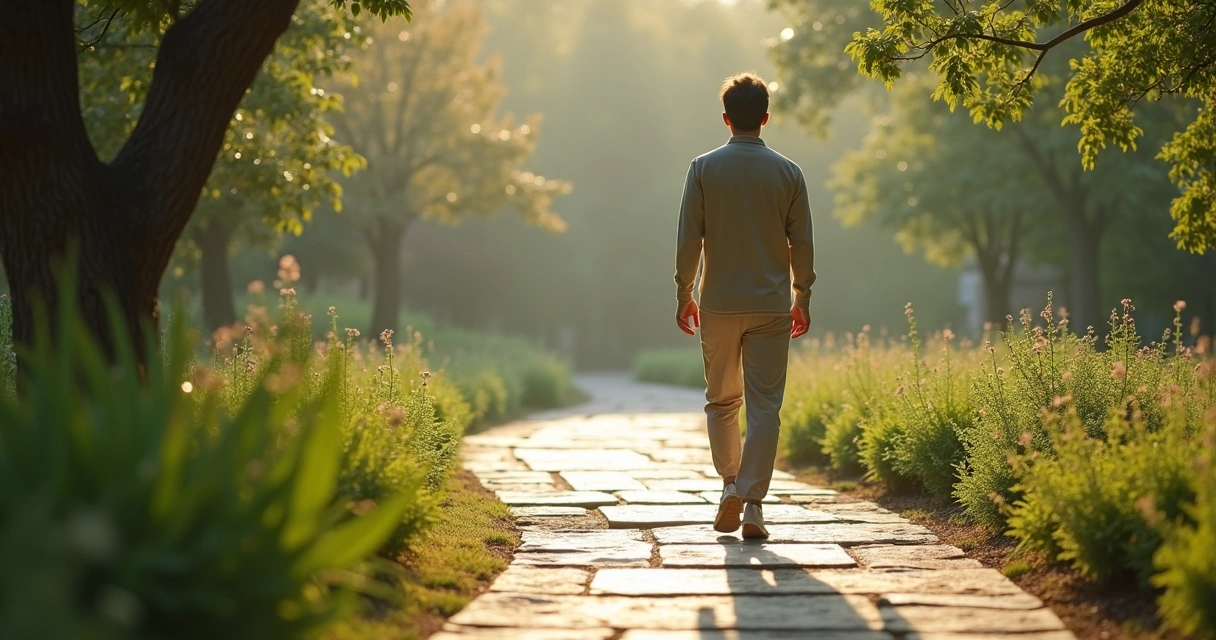 Pessoa caminhando devagar em jardim durante prática contemplativa