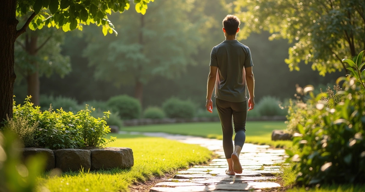 Pessoa caminhando devagar em um jardim durante prática meditativa 