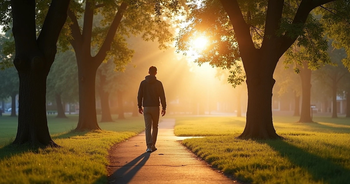 Pessoa caminhando devagar em parque arborizado ao amanhecer