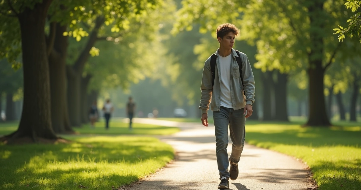 Pessoa caminhando em parque com atenção plena 