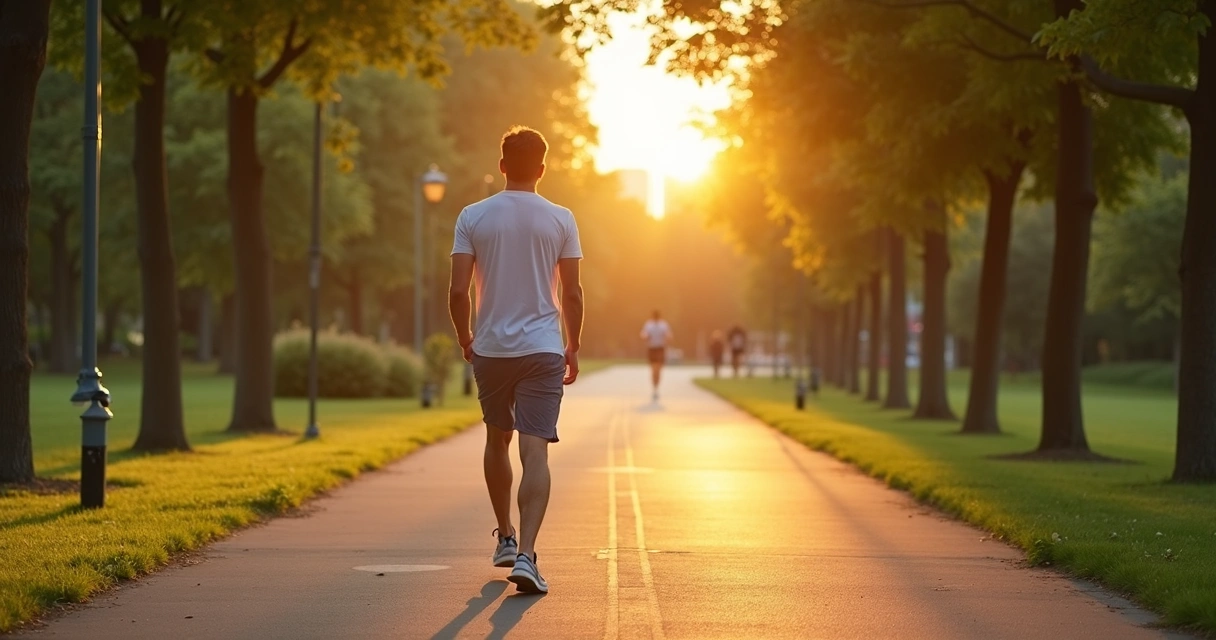Pessoa caminhando com atenção em parque ao amanhecer