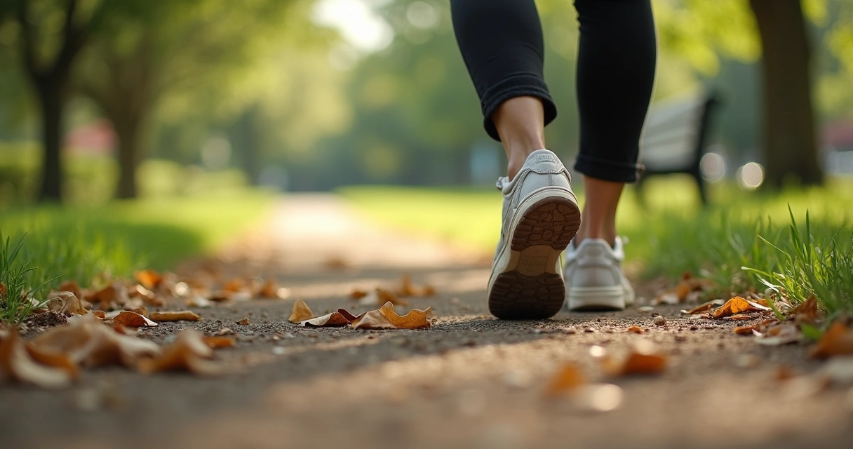 Caminhada lenta em trilha de parque com foco nos pés e na natureza
