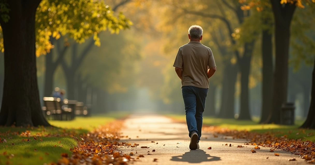 Pessoa caminhando devagar em parque durante prática contemplativa 