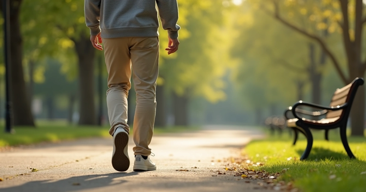 Pessoa caminhando devagar em parque com atenção aos pés e à postura