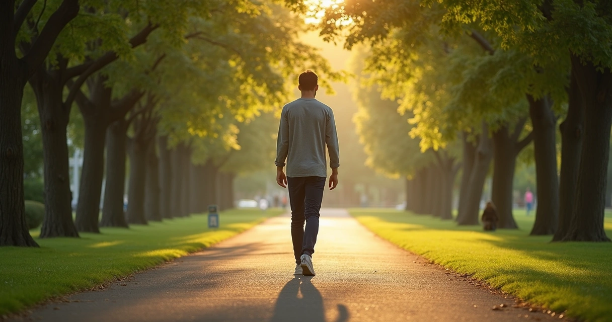 Pessoa caminhando sozinha em parque tranquilo 