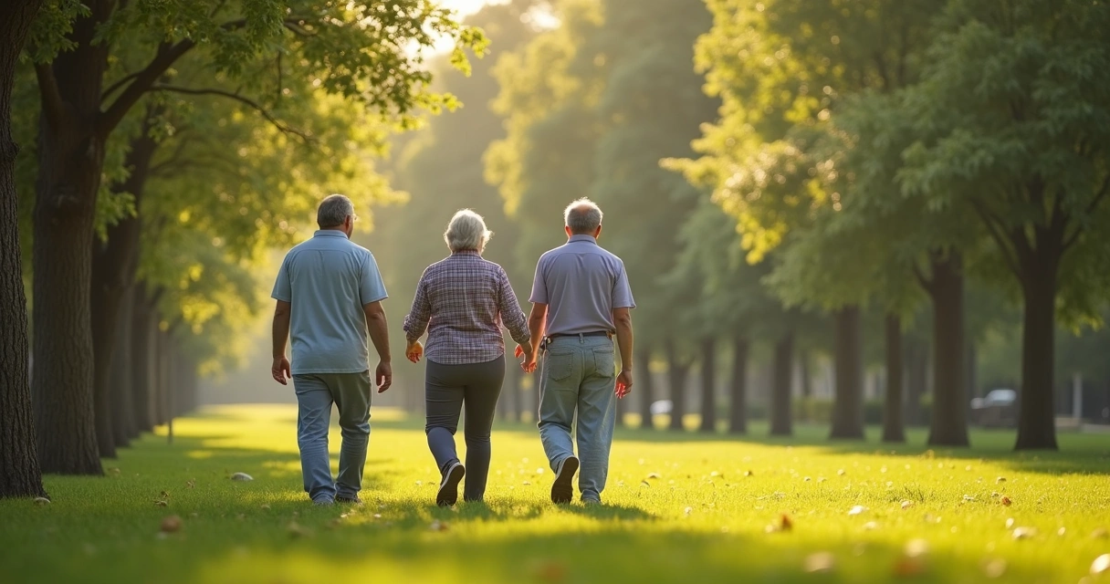 Três pessoas caminhando em um parque, prestando atenção ao movimento dos pés