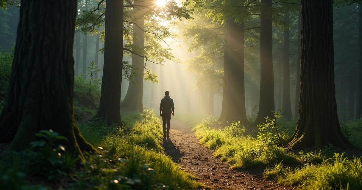 Pessoa caminhando sozinha em trilha na floresta 
