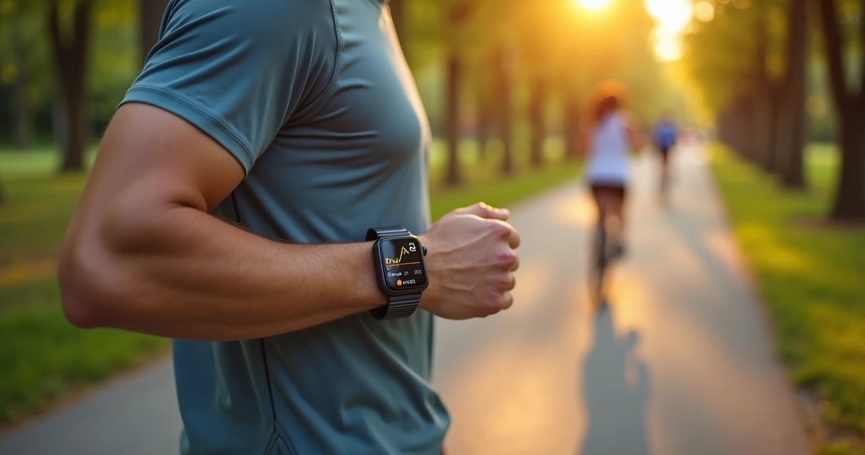 Pessoa com diabetes caminhando em parque ao amanhecer monitorando saúde no relógio 