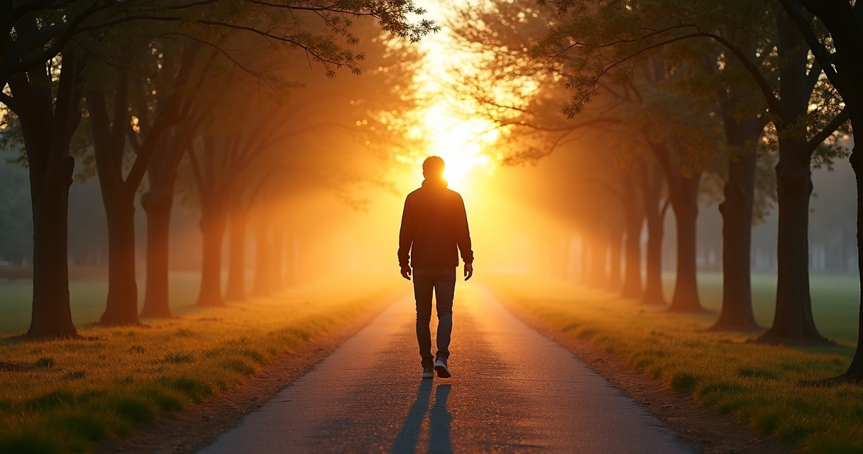 Pessoa caminhando por bifurcação em parque ao amanhecer