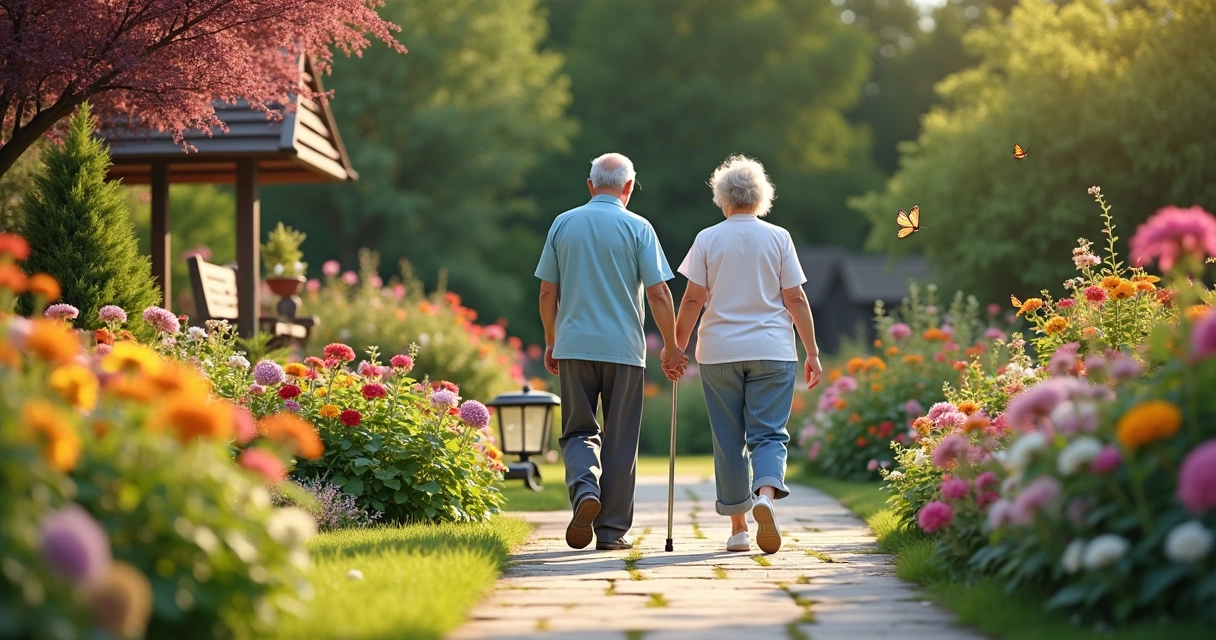 Idoso e cuidador caminhando juntos em jardim florido 