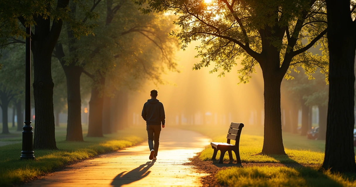 Pessoa caminhando devagar em um parque ao amanhecer