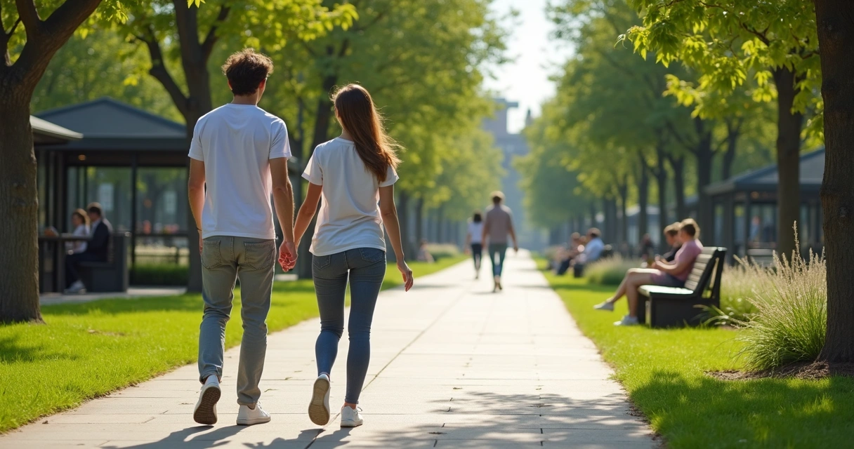 Casal caminhando em parque arborizado após o almoço 