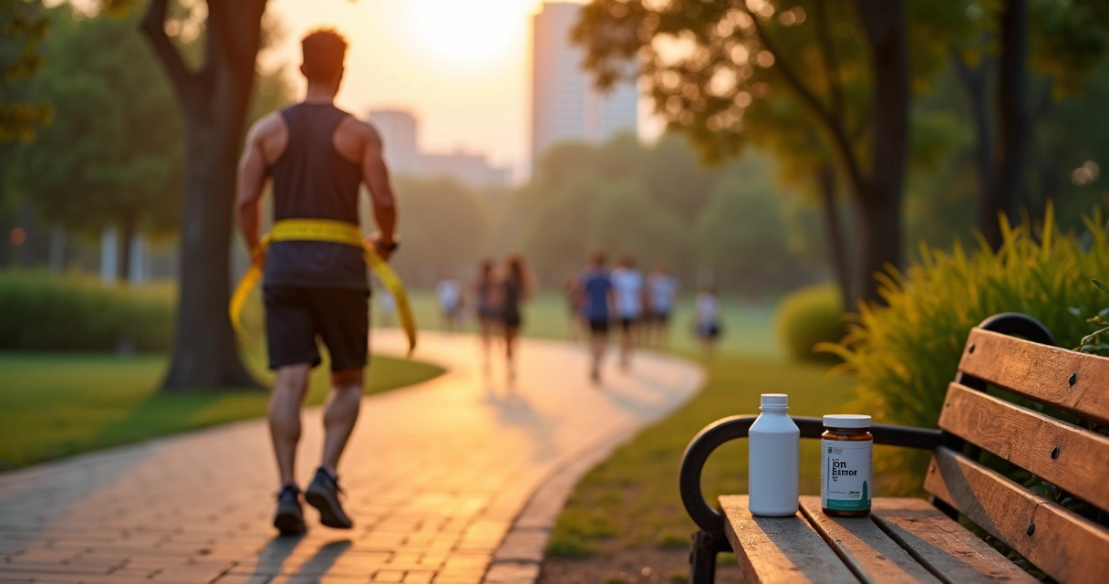 Pessoa caminhando ao amanhecer em parque urbano com silhueta em forma de fita métrica 