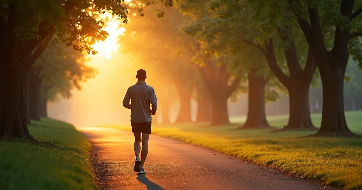 Pessoa caminhando ao amanhecer em parque tranquilo 