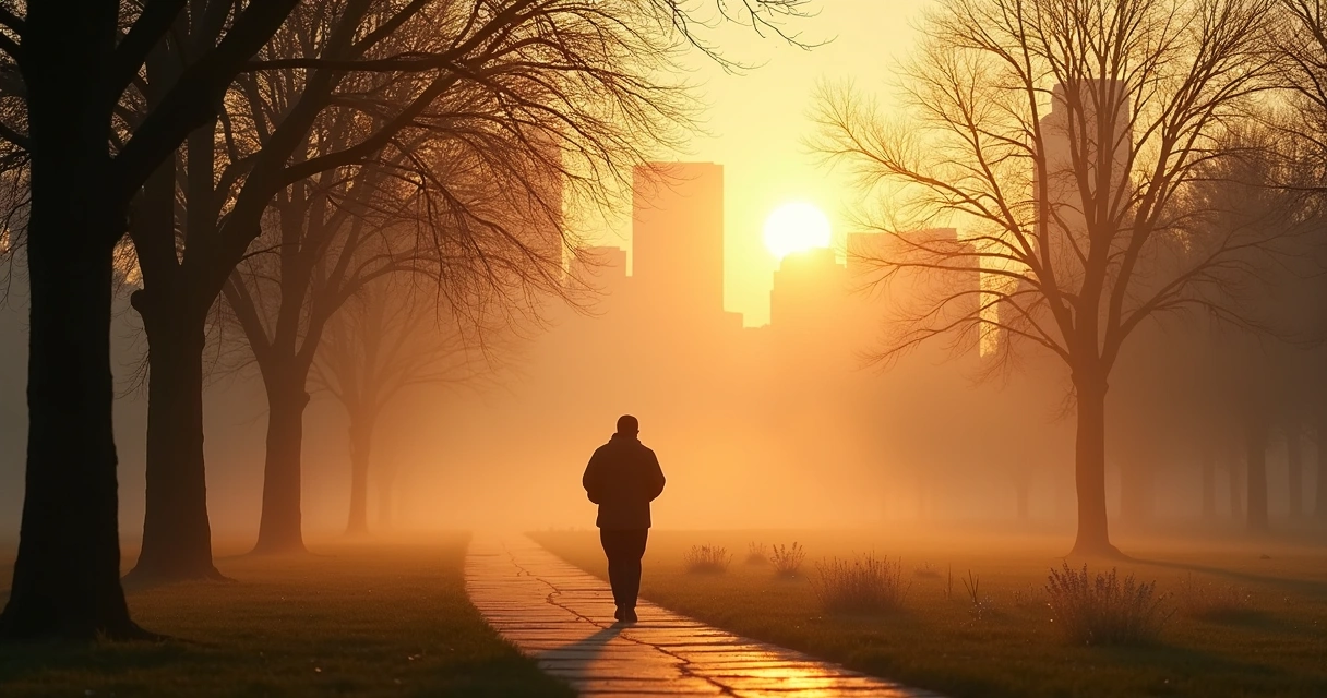 Pessoa caminhando em parque ao amanhecer. 
