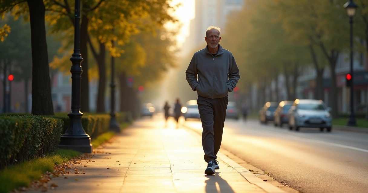 Pessoa caminhando sozinha em via urbana, com árvores nas laterais, em manhã ensolarada 