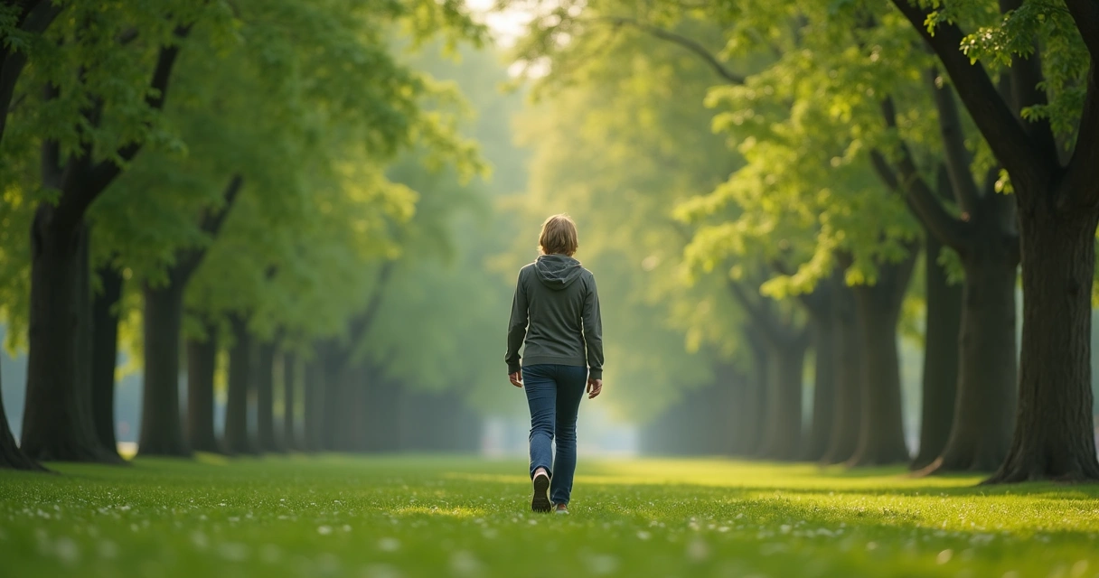 Pessoa caminhando devagar em parque verde, concentrada nos passos 