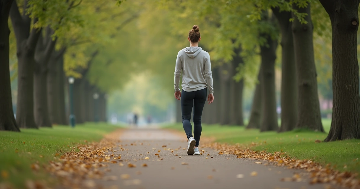 Pessoa caminhando lentamente em parque durante prática meditativa