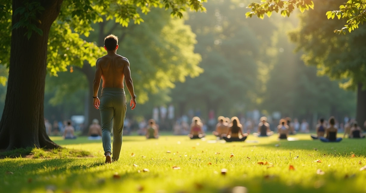 Pessoa caminhando lentamente em um parque com árvores