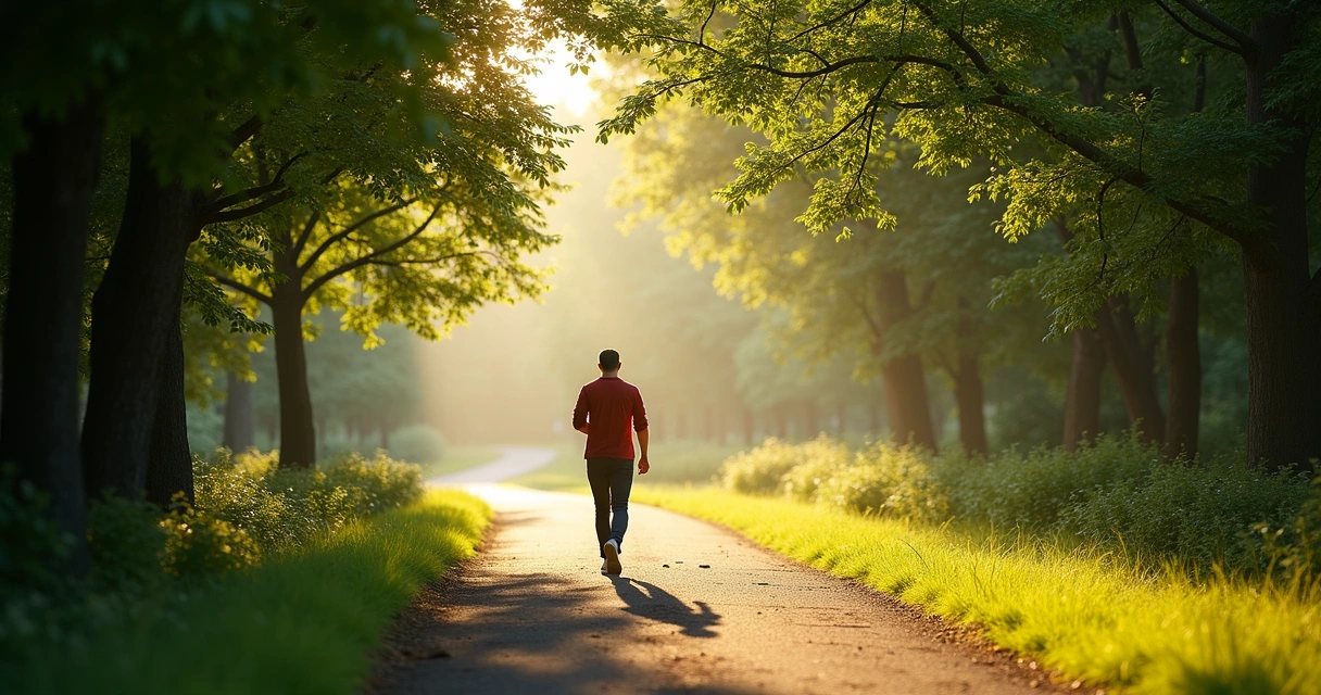 Pessoa caminhando lentamente em um parque arborizado de manhã 