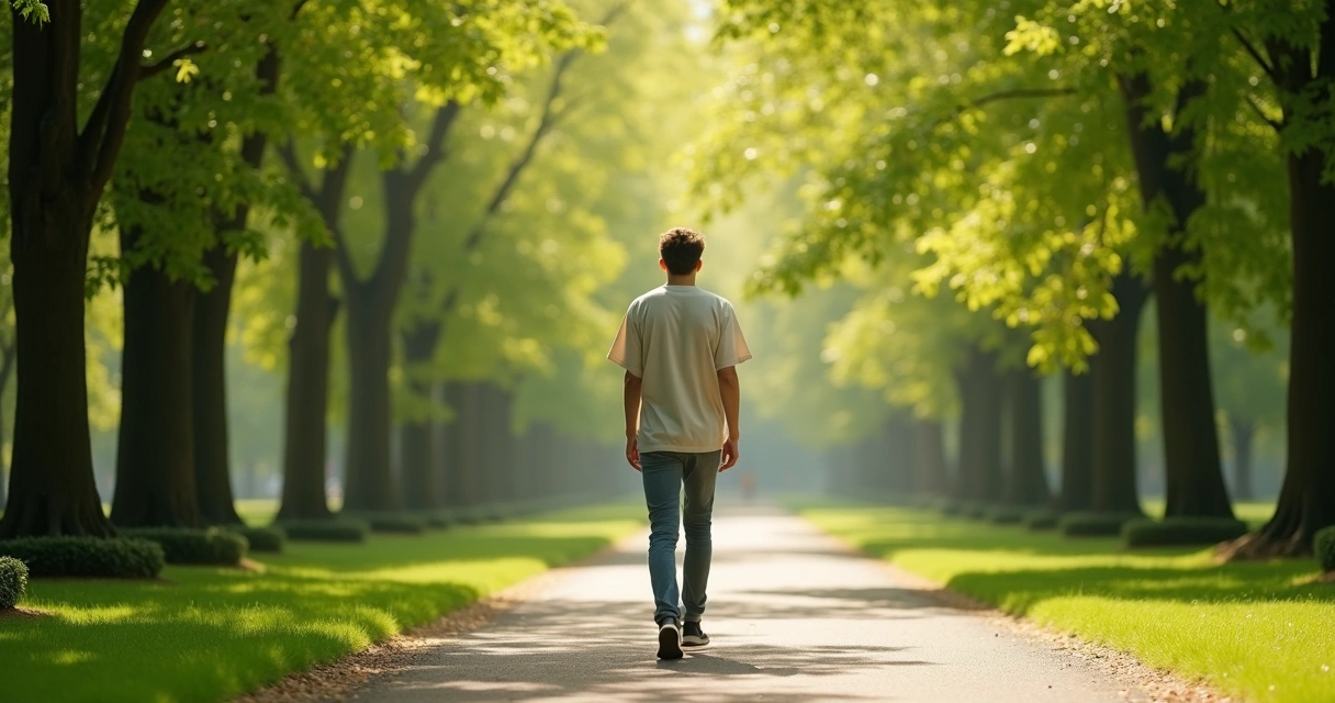 Pessoa caminhando lentamente em um parque com árvores e sol filtrando através das folhas 