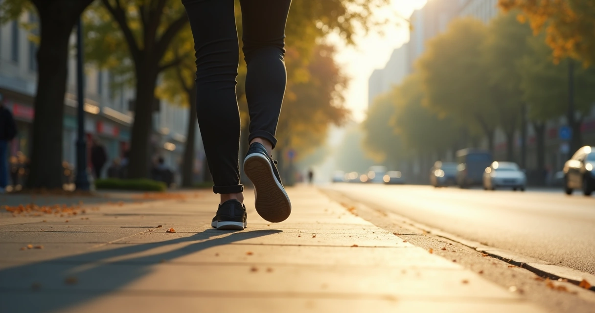Pessoa caminhando devagar pela calçada de uma rua tranquila, praticando mindfulness