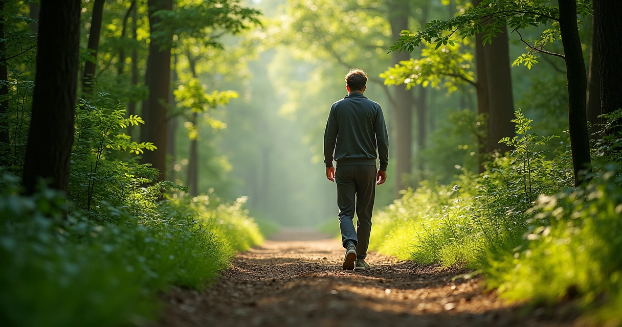 Pessoa caminhando em trilha verde com atenção ao corpo 