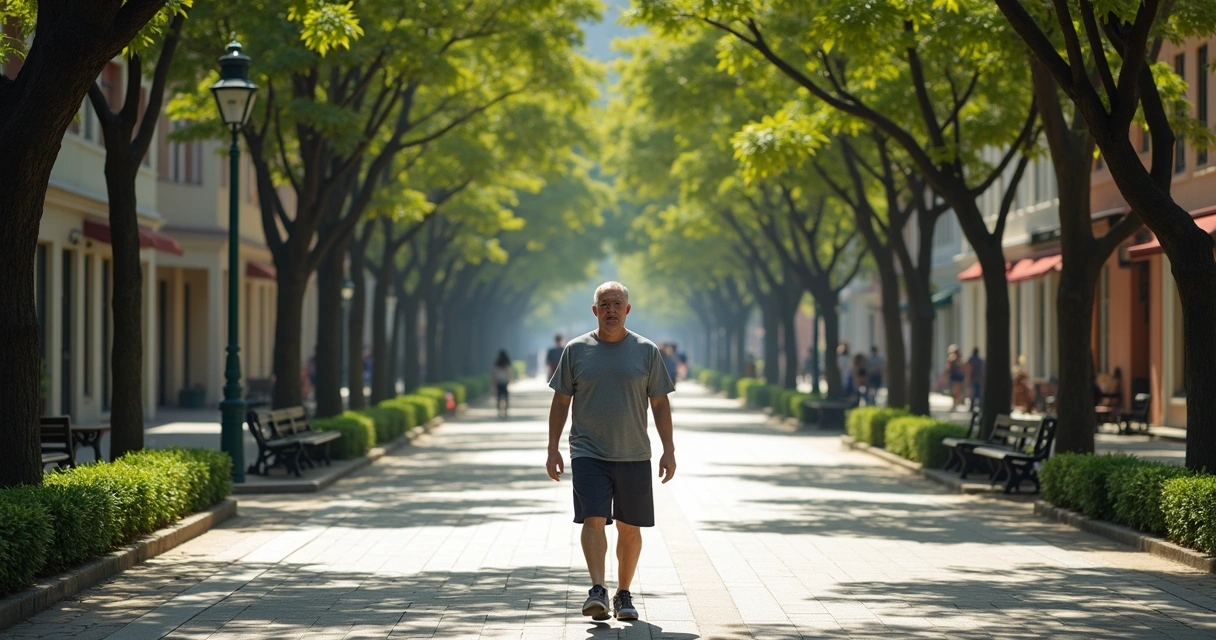 Pessoa caminhando em rua arborizada de Anápolis, calçadas largas e vegetação abundante. 