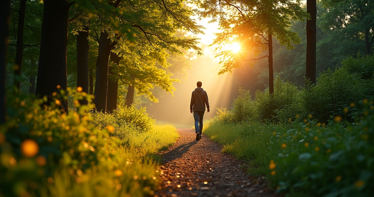 Pessoa caminhando em trilha arborizada sob luz suave ao entardecer