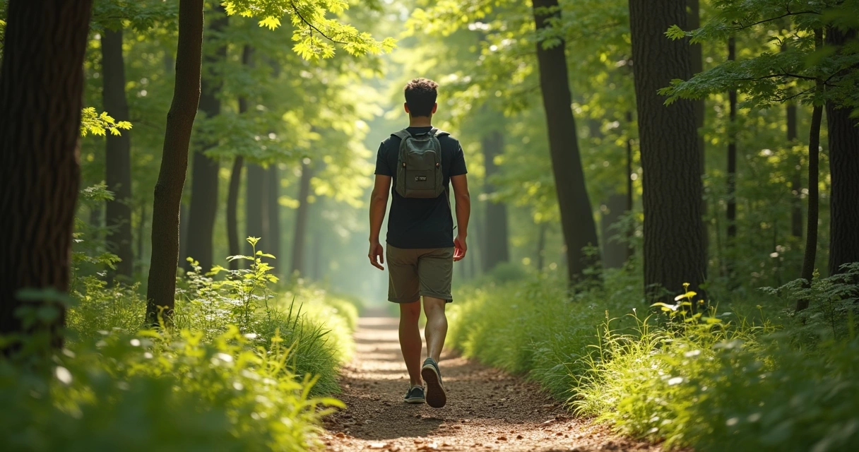 Pessoa caminhando devagar em trilha na natureza 