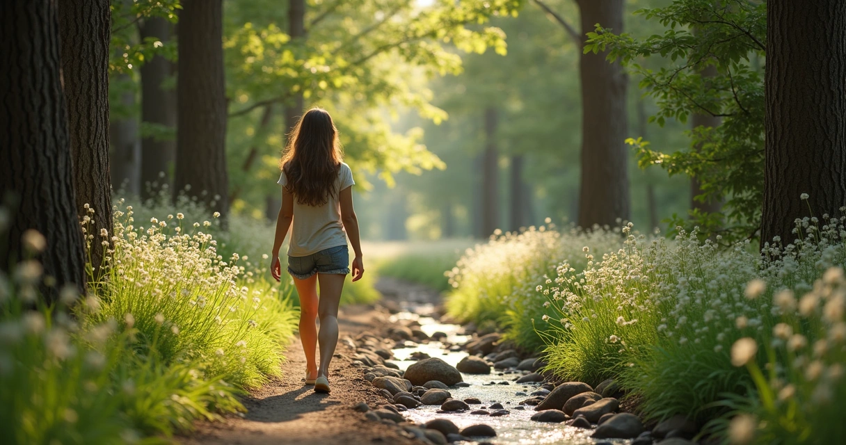 Mulher caminhando em trilha, cercada por árvores e flores silvestres