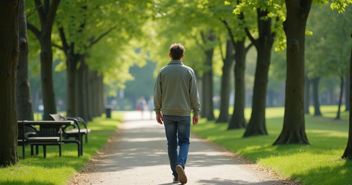 Pessoa caminhando em parque arborizado com atenção plena 